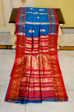 Traditional Bishnupuri Swarnachari Pure Silk Saree in Prussian Blue, Dark Red and Matt Gold