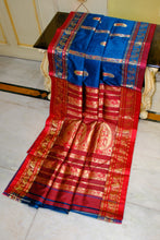 Traditional Bishnupuri Swarnachari Pure Silk Saree in Prussian Blue, Dark Red and Matt Gold