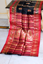 Traditional Bishnupuri Swarnachari Pure Silk Saree in Black, Dark Red and Matt Gold