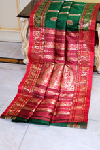 Traditional Bishnupuri Swarnachari Pure Silk Saree in Dark Emerald Green, Dark Red and Matt Gold