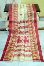 Traditional Bishnupuri Pure Garad Silk Saree with Minakari Nakshi Motif Work in Parmesan, Rust Red and Dark Brown