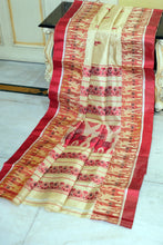 Traditional Bishnupuri Pure Garad Silk Saree with Minakari Nakshi Motif Work in Parmesan, Rust Red and Dark Brown