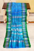 Bishnupuri Open Border Crowned Temple Nakshi Motif Work with Piasley Minakari Hazar Butta Pure Katan Silk Saree in Water Blue, Irish Green and Matt Gold