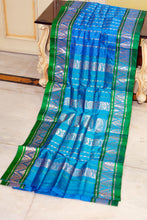Bishnupuri Open Border Crowned Temple Nakshi Motif Work with Piasley Minakari Hazar Butta Pure Katan Silk Saree in Water Blue, Irish Green and Matt Gold