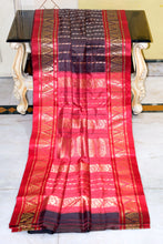 Bishnupuri Open Border Crowned Temple Nakshi Motif Work with Piasley Minakari Hazar Butta Pure Katan Silk Saree in Dark Wine, Falu Red and Matt Gold