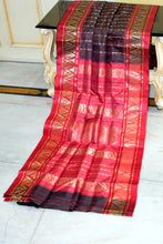 Bishnupuri Open Border Crowned Temple Nakshi Motif Work with Piasley Minakari Hazar Butta Pure Katan Silk Saree in Dark Wine, Falu Red and Matt Gold