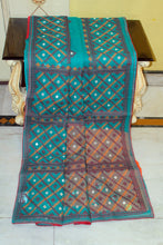 Gujarati Embroidery Work on Soft Resham Kota Cotton Saree in Seagreen, Maroon, Apricot and Off White