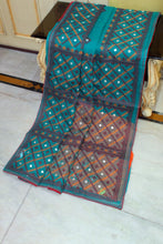Gujarati Embroidery Work on Soft Resham Kota Cotton Saree in Seagreen, Maroon, Apricot and Off White