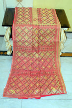 Gujarati Embroidery Work on Soft Resham Kota Cotton Saree in Khaki, Red, Maroon and Yellow