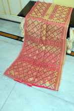 Gujarati Embroidery Work on Soft Resham Kota Cotton Saree in Khaki, Red, Maroon and Yellow