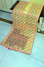Gujarati Embroidery Work on Soft Resham Kota Cotton Saree in Pastel Yellow, Maroon, Apricot and Dark Sea Green