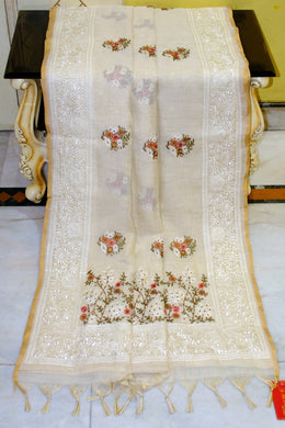Hakoba Embroidery Work Soft Tissue Linen Saree in Beige, Offwhite, Golden and Multicolored Thread Work