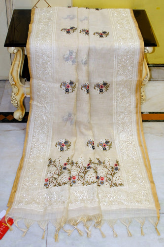 Hakoba Embroidery Work Soft Tissue Linen Saree in Beige, Offwhite, Golden and Multicolored Thread Work