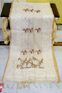 Hakoba Embroidery Work Soft Tissue Linen Saree in Beige, Offwhite, Golden and Multicolored Thread Work