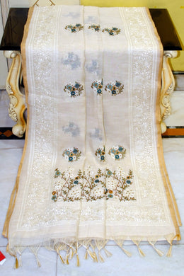 Hakoba Embroidery Work Soft Tissue Linen Saree in Beige, Offwhite, Golden and Multicolored Thread Work