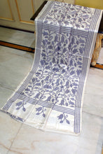 Hand Embroidery Blended Silk Kantha Work Saree in Alabaster White and Oslo Grey Thread Work