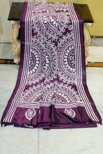 Hand Embroidery Blended Silk Kantha Work Saree in Wine and Off White Thread Work
