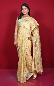 Hand Embroidery Blended Silk Kantha Work Saree in Hand Embroidery Blended Silk Kantha Work Saree in Cream and Multicolored