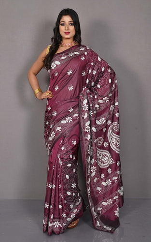 Hand Embroidery Blended Silk Kantha Work Saree in Dark Boysenberry and Off White