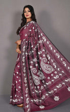 Hand Embroidery Blended Silk Kantha Work Saree in Dark Boysenberry and Off White