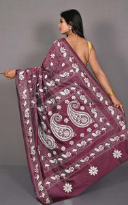 Hand Embroidery Blended Silk Kantha Work Saree in Dark Boysenberry and Off White