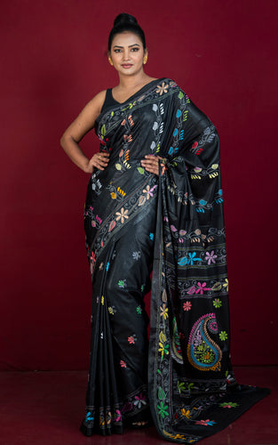 Hand Embroidery Blended Silk Kantha Work Saree in Black, Off White and Multicolored