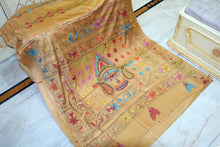 Hand Embroidery Kanthastitch Work Blended Silk Saree in Fawn, Black and Multicolored