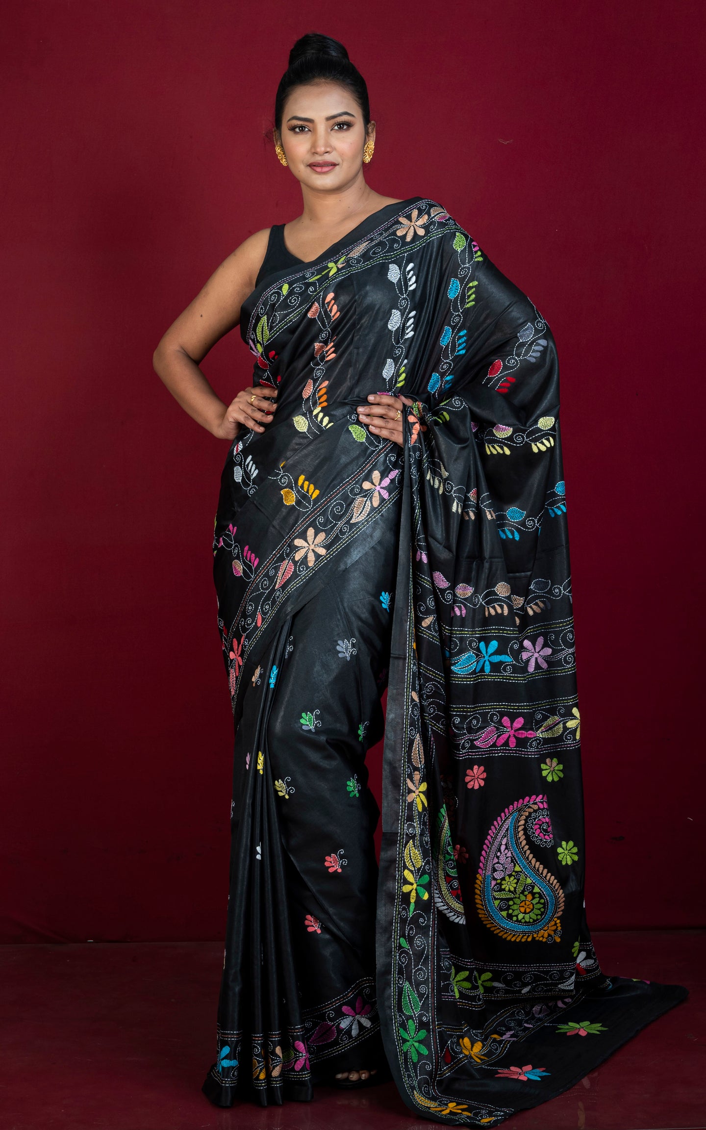 Hand Embroidery Blended Silk Kantha Work Saree in Black, Off White and Multicolored