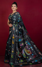 Hand Embroidery Blended Silk Kantha Work Saree in Black, Off White and Multicolored