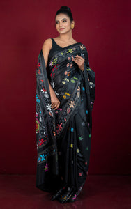 Hand Embroidery Blended Silk Kantha Work Saree in Black, Off White and Multicolored