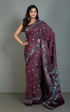Hand Embroidery Blended Silk Kantha Work Saree in Eggpalnt Purple, Dark Teal and Off white