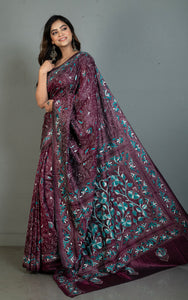 Hand Embroidery Blended Silk Kantha Work Saree in Eggpalnt Purple, Dark Teal and Off white