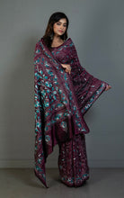 Hand Embroidery Blended Silk Kantha Work Saree in Eggpalnt Purple, Dark Teal and Off white