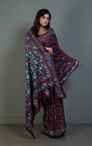 Hand Embroidery Blended Silk Kantha Work Saree in Eggpalnt Purple, Dark Teal and Off white
