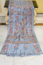 Hand Embroidery Blended Silk Kantha Work Saree in Cadet Grey, Black and Multicolored