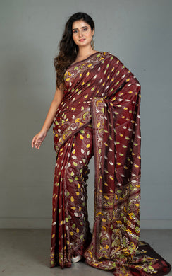 Hand Embroidery Blended Silk Kantha Work Saree in Cherry Wood, Off White, Yellow and Green