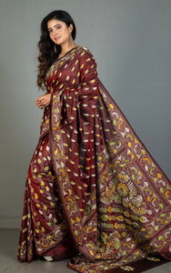 Hand Embroidery Blended Silk Kantha Work Saree in Cherry Wood, Off White, Yellow and Green