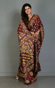 Hand Embroidery Blended Silk Kantha Work Saree in Cherry Wood, Off White, Yellow and Green