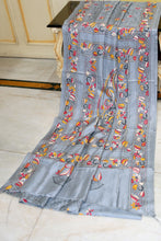 Hand Embroidery Blended Silk Kantha Work Saree in Cadet Grey, Black and Multicolored