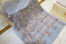 Hand Embroidery Blended Silk Kantha Work Saree in Cadet Grey, Black and Multicolored