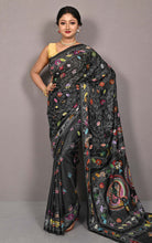 Hand Embroidery Blended Silk Kantha Work Saree in Black and Multicolored