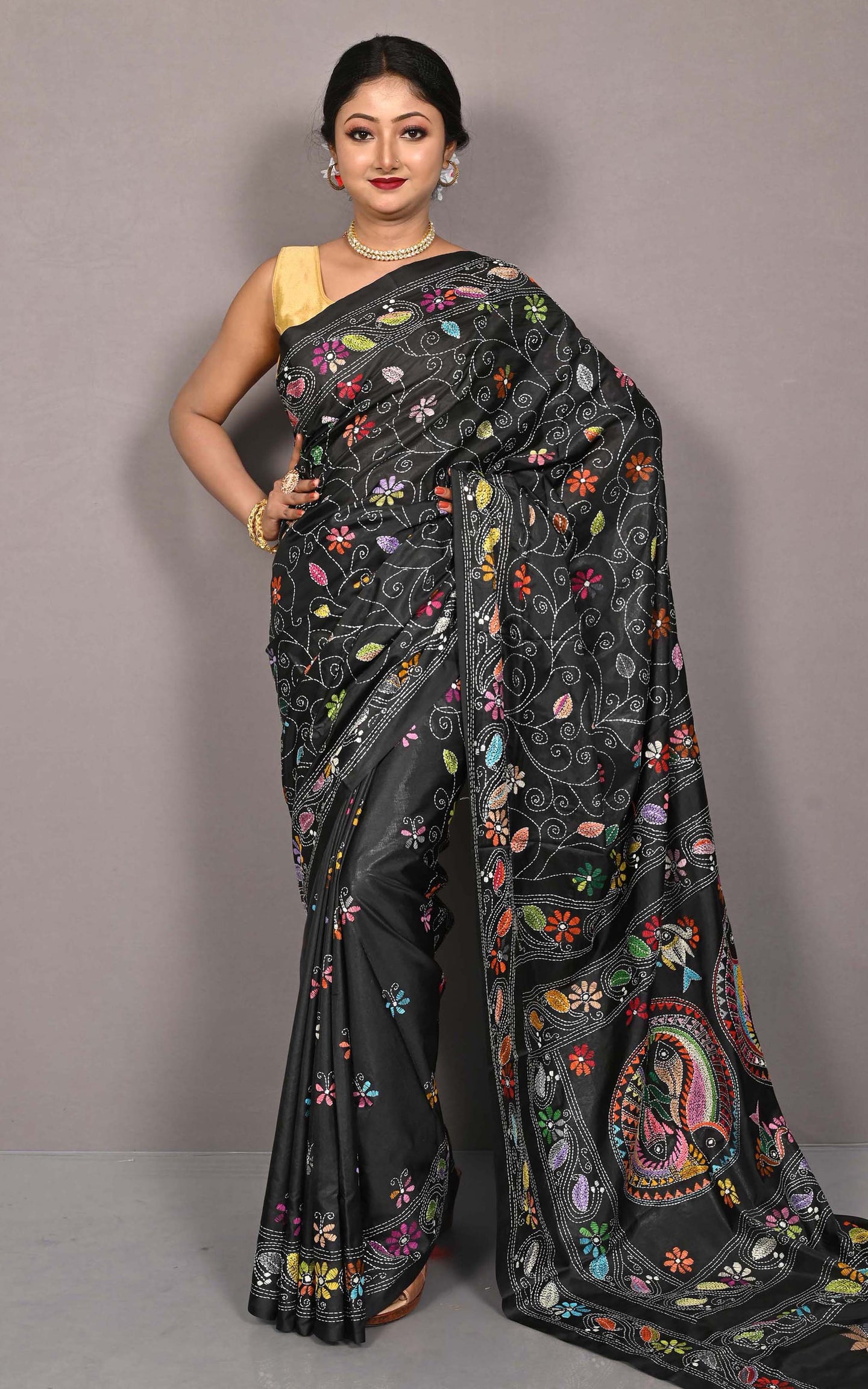 Hand Embroidery Blended Silk Kantha Work Saree in Black and Multicolored