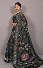 Hand Embroidery Blended Silk Kantha Work Saree in Black and Multicolored