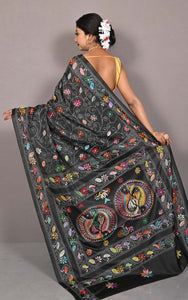 Hand Embroidery Blended Silk Kantha Work Saree in Black and Multicolored