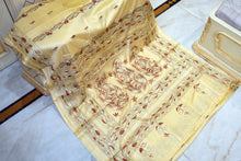 Hand Embroidery Blended Silk Kantha Work Saree in Buttermilk, Black, Beige and Brown