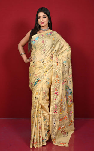 Hand Embroidery Blended Silk Kantha Work Saree in Hand Embroidery Blended Silk Kantha Work Saree in Cream and Multicolored