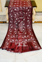 Hand Embroidery Blended Silk Kantha Work Saree in Red Brown and Off White