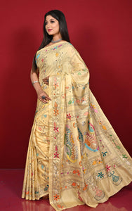 Hand Embroidery Blended Silk Kantha Work Saree in Hand Embroidery Blended Silk Kantha Work Saree in Cream and Multicolored