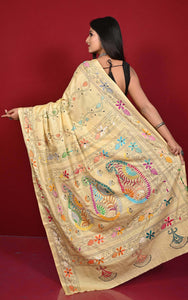 Hand Embroidery Blended Silk Kantha Work Saree in Hand Embroidery Blended Silk Kantha Work Saree in Cream and Multicolored
