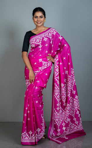 Hand Embroidery Kutch Work Blended Bangalore Silk Saree in Magenta and Off White Thread Work